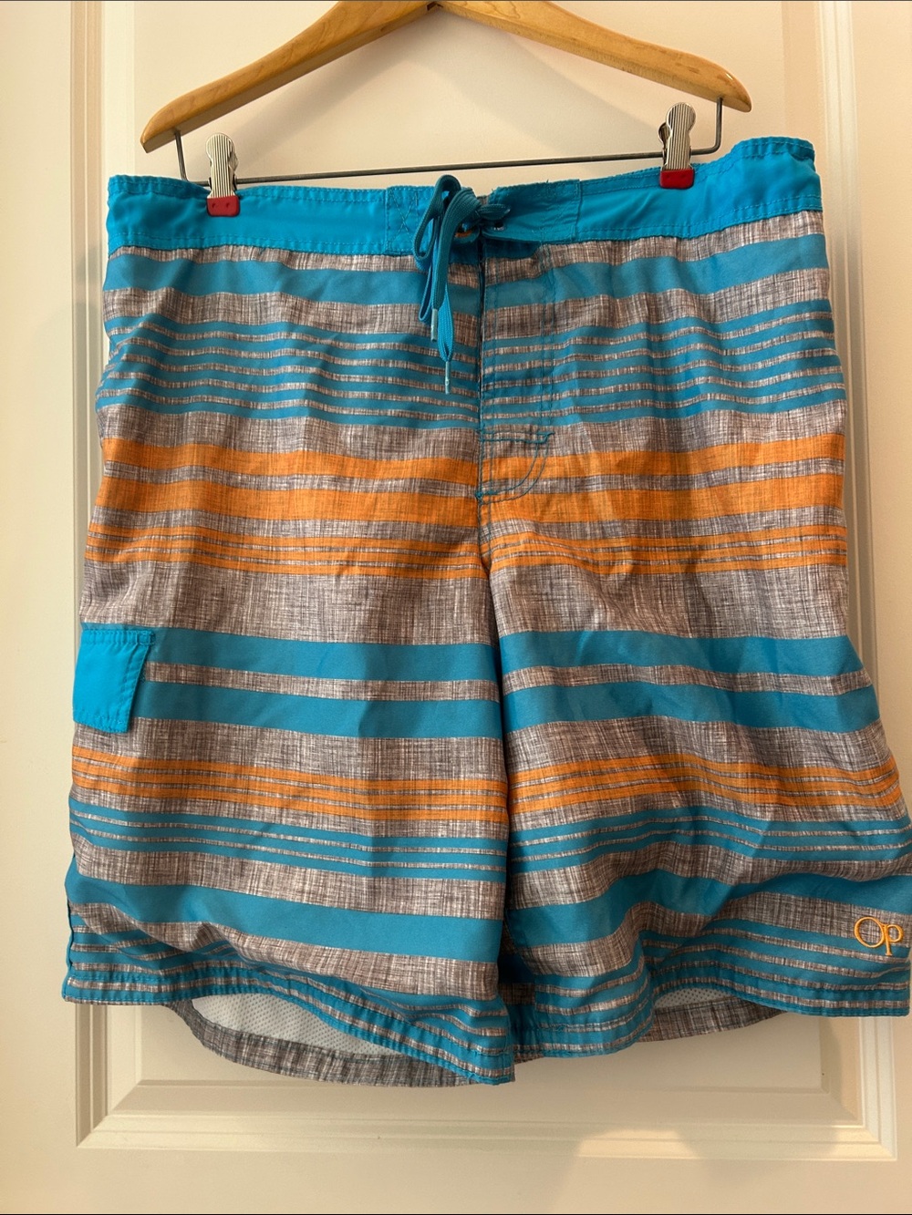 OP Men's Turquoise & Orange Striped Swim Trunks with pockets size Large 36/38